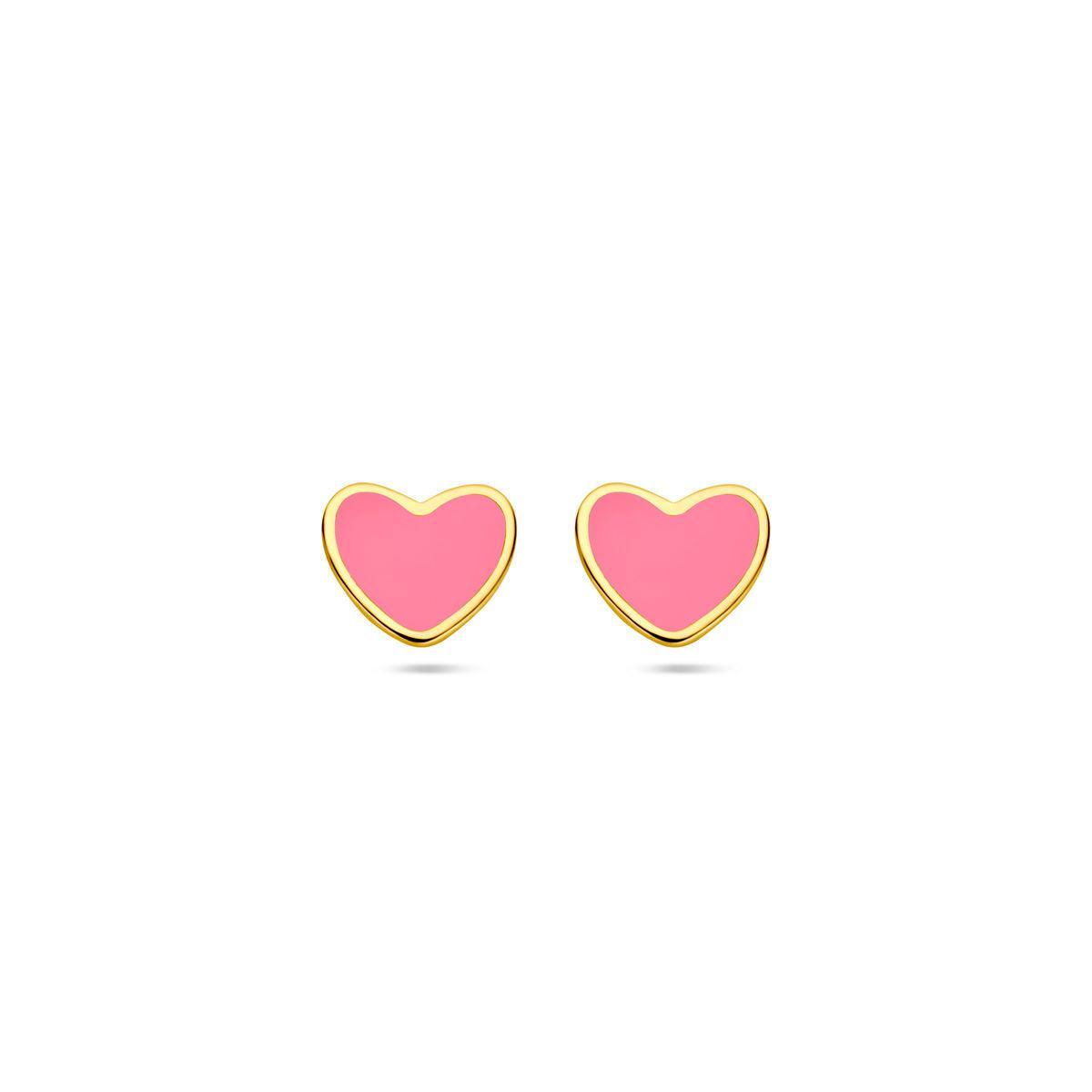 Oorknoppen hart roze epoxy 14k geelgoud - 40.30008 - Brunott Juwelier