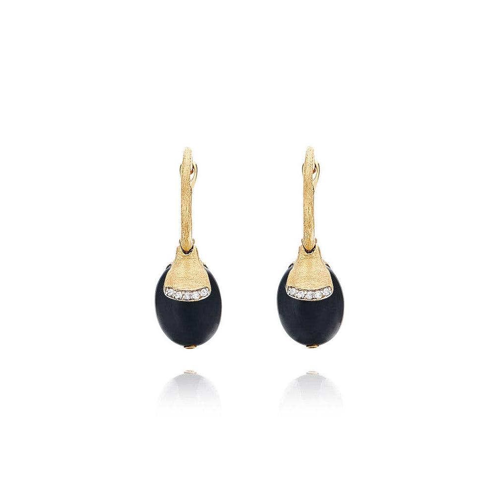 DANCING "CILIEGINE" GOLD AND BLACK ONYX BALL DROP EARRINGS WITH DIAMONDS DETAILS (SMALL)