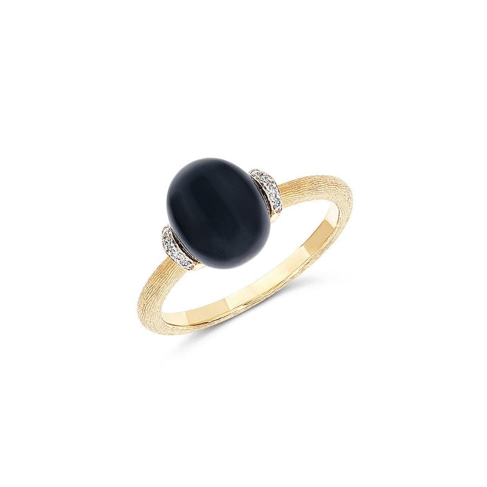 DANCING "MYSTERY BLACK" GOLD AND DIAMONDS RING WITH BLACK ONYX BOULE (MEDIUM)